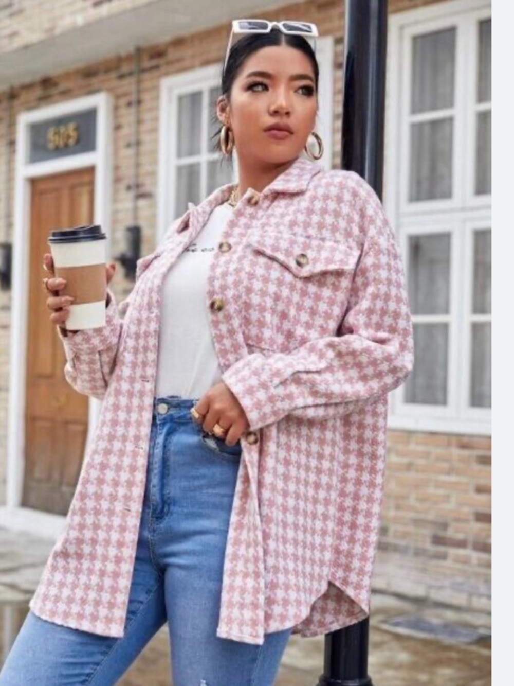 SHEIN Pink Houndstooth Button-Front Shacket XL